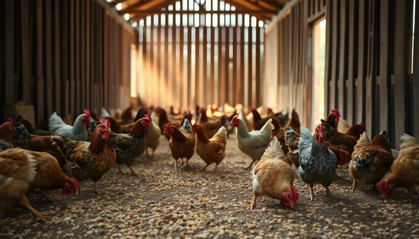 This vibrant image features a flock of chickens foraging on the ground of a rustic barn, surrounded by warm wooden textures. Soft, diffused daylight creates an inviting atmosphere, enhancing the lively behavior of the chickens. The hyper-sharp focus captures intricate details of the chickens and the barn's interior, immersing viewers in a classic farm scene. The color palette reflects warm earth tones, perfect for conveying the essence of rural life.