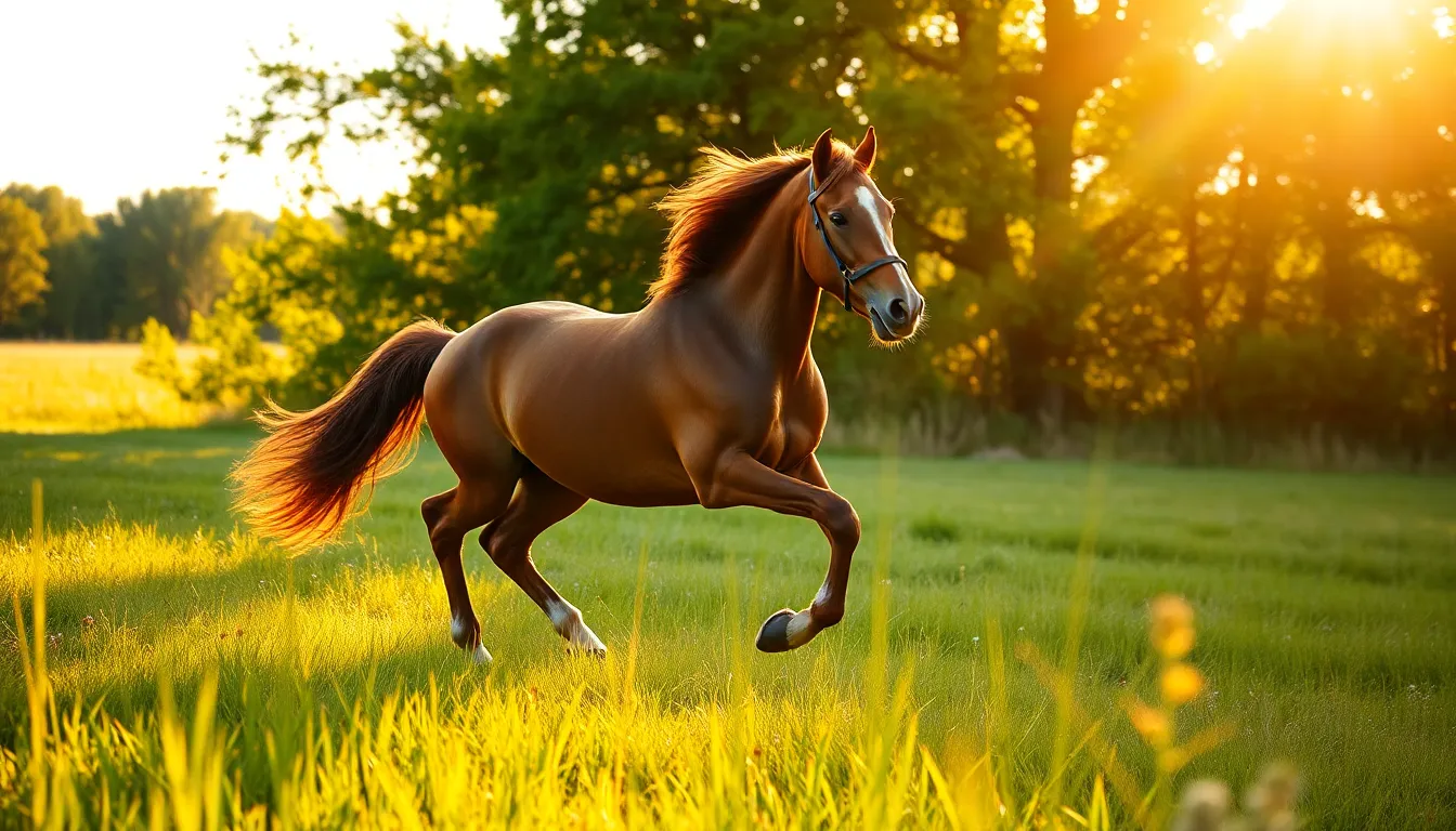 This stunning photograph captures a powerful brown horse galloping through a sun-drenched meadow during the golden hour. Warm backlighting accentuates the horse's details while dappled sunlight filters through nearby trees, creating a magical ambiance. The lush green grass provides a vibrant contrast, emphasizing the horse's movement and strength. The composition is carefully crafted to draw the viewer’s eye into the scene.