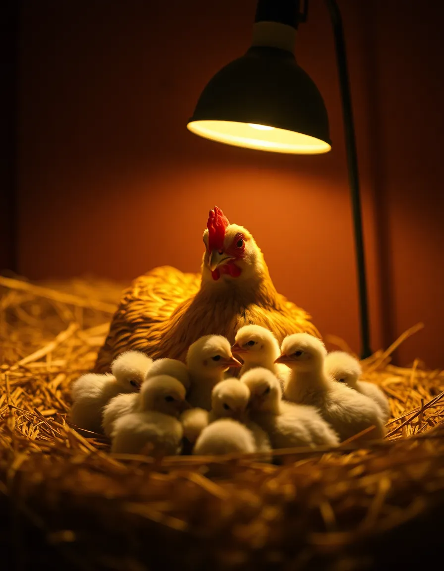 Hen and Chicks in Warm Light A heartwarming image of a hen and her chicks nestled in a cozy pile of hay. The warm, directional light creates a soft glow, illuminating the hen's intricate feather details and the fluffy chicks. The centered composition emphasizes the nurturing bond, while the natural textures of hay and feathers bring authenticity to the scene. This intimate portrayal celebrates farm life and maternal care.