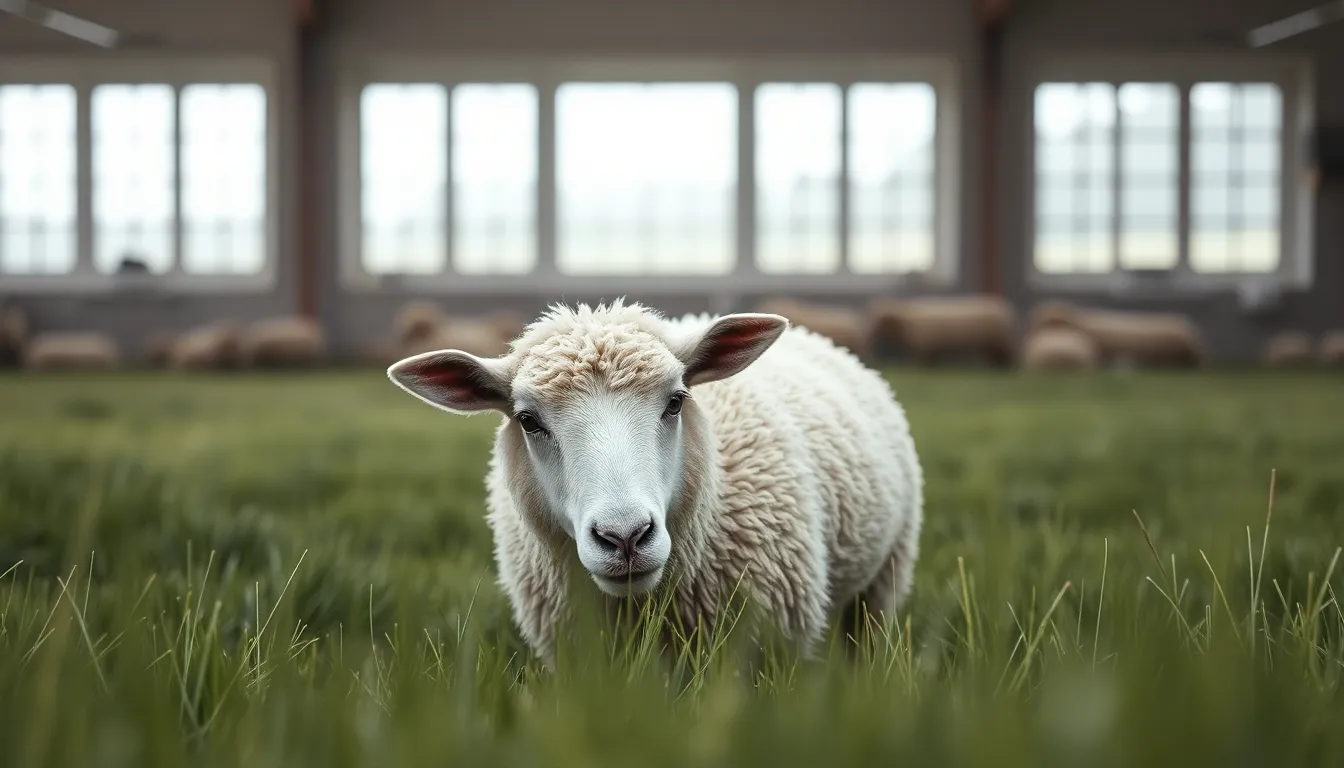 Sheep Grazing in Lush Pasture A serene scene of a sheep peacefully grazing in a vibrant green pasture. The overcast daylight highlights the natural beauty of the wool, with soft droplets of dew clinging to the fibers. Framed by lush grass and created with a shallow depth of field, the image conveys tranquility and the simple charm of farm life, set against muted earthy tones.