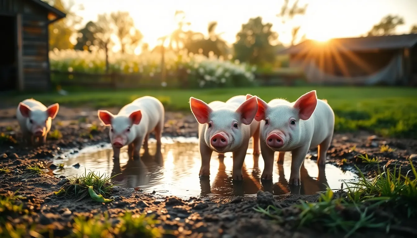 This serene farm image features a group of pigs enjoying a mud puddle during golden hour. The warm light enhances their pink skin tones, while the lush green grass and colorful wildflowers create a pleasing backdrop. The composition draws the eye to the pigs, with soft bokeh adding depth. This peaceful scene captures the essence of rural life and tranquility.