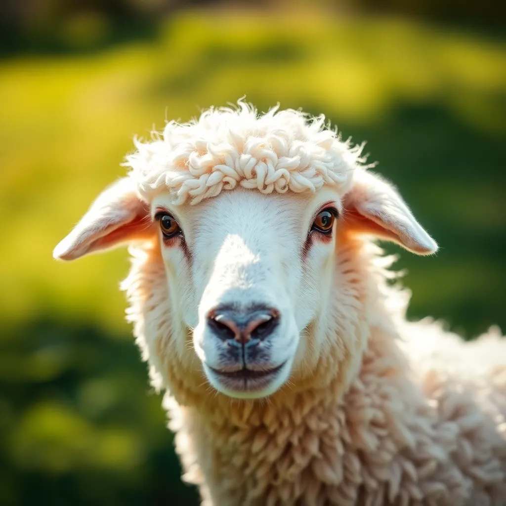 Close-Up of Serene Sheep in Pasture A close-up of a sheep highlights its soft, fluffy wool under bright afternoon sunlight. The image captures the intricate details of the wool texture, creating a cozy and inviting feel. Soft shadows enhance the natural beauty of the scene, while out-of-focus greenery adds depth. The serene expression of the sheep draws viewers into its tranquil world.