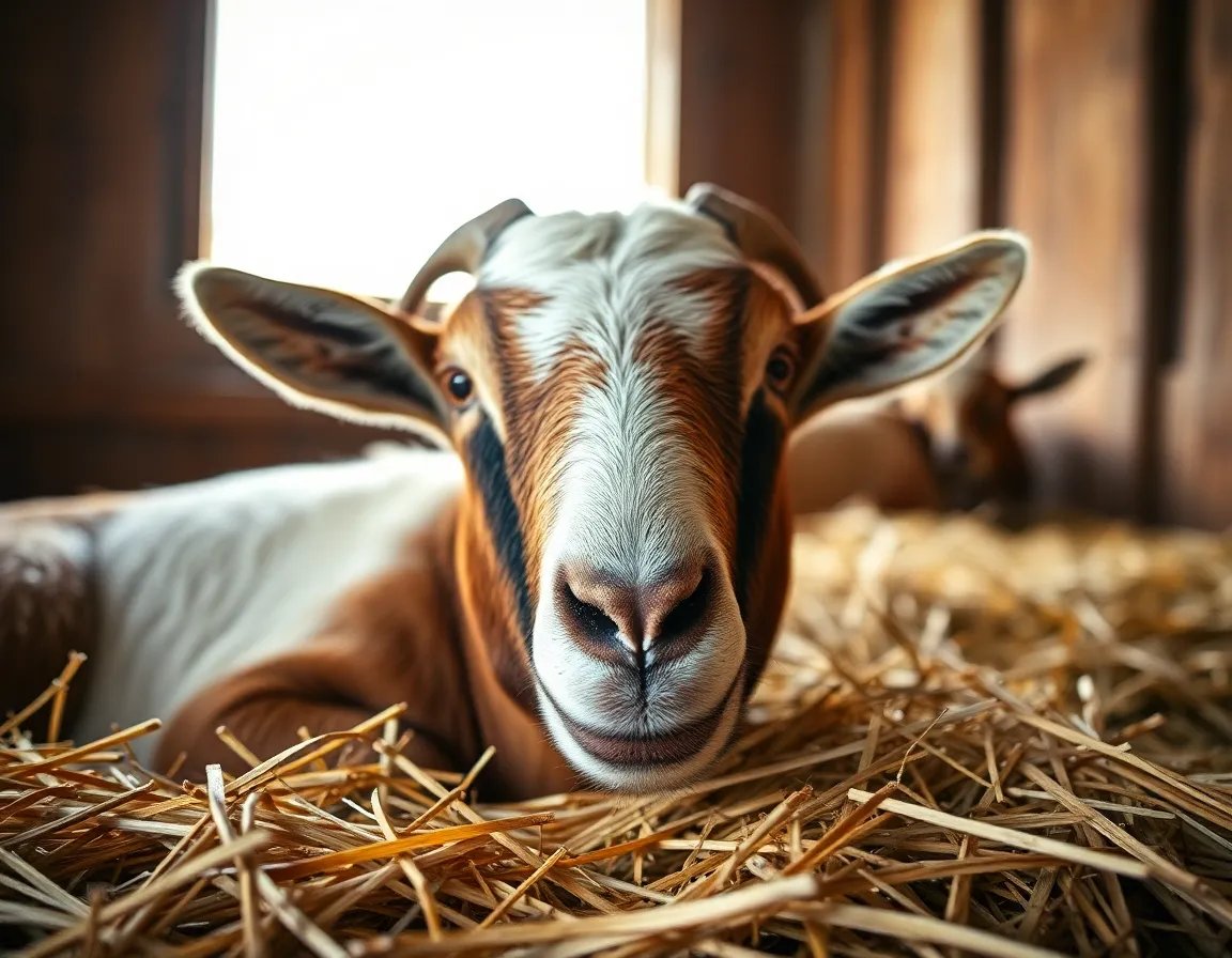This captivating close-up photograph features a serene goat resting comfortably on a bed of hay inside a cozy barn. The soft, diffused daylight streaming through the window highlights the intricate texture of its fur. With a shallow depth of field, the focus remains on the goat's gentle expression, creating an intimate connection with the viewer. The warm earth tones of the scene enhance the tranquil ambiance of farm life.