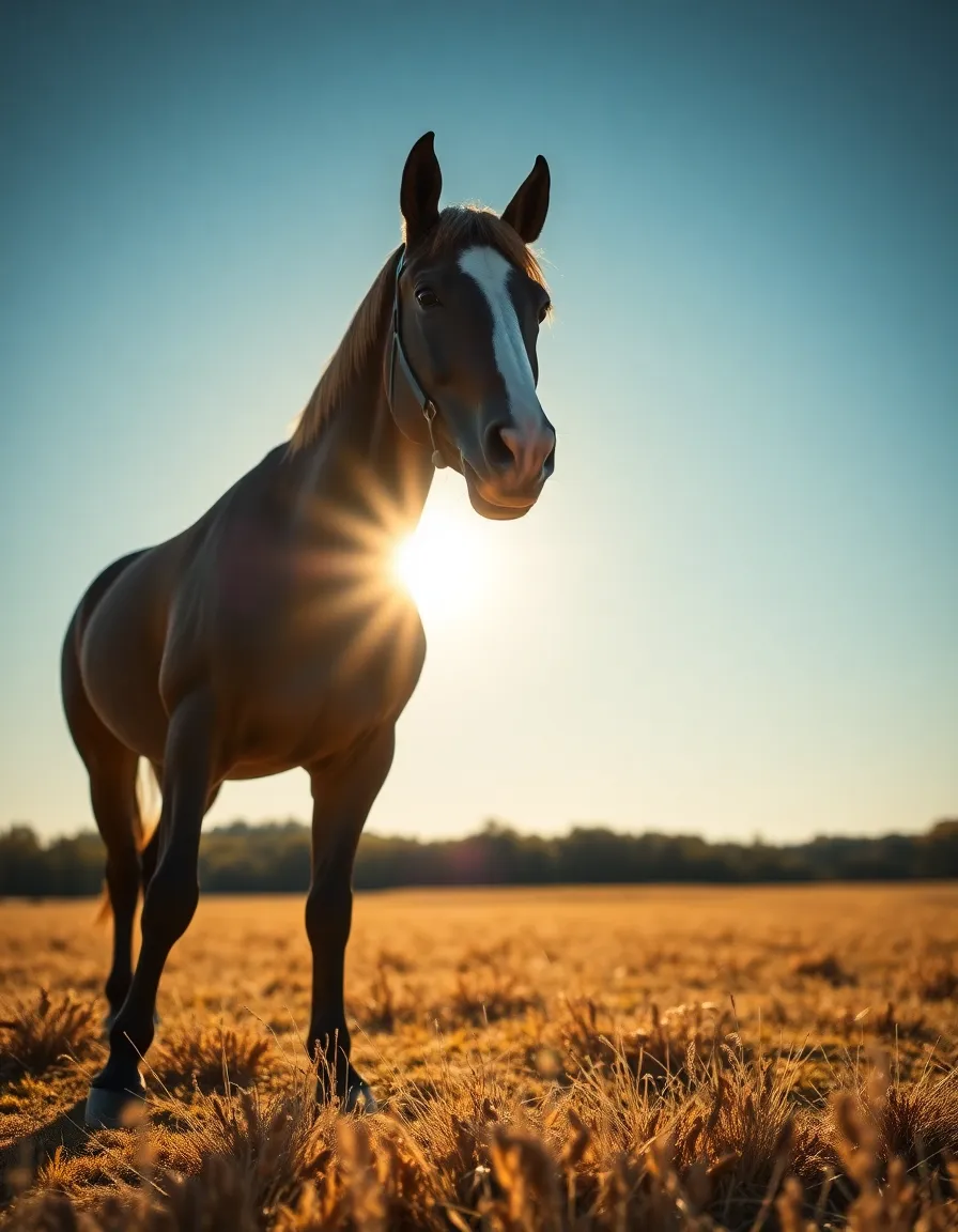 A stunning horse stands proudly in a sunlit field, with its mane gently tousled by the breeze. The clear blue sky serves as a serene backdrop, while the soft shadows create depth. The horse’s glossy coat and the delicate textures of the grass are highlighted beautifully, capturing the elegance and grace of this magnificent animal in its natural habitat.