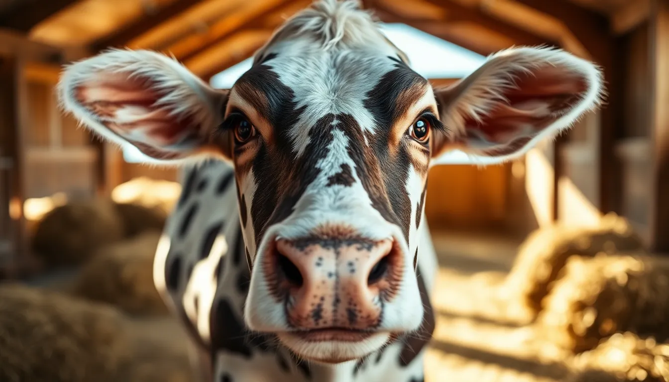 Close-Up of Spotted Cow in Barn