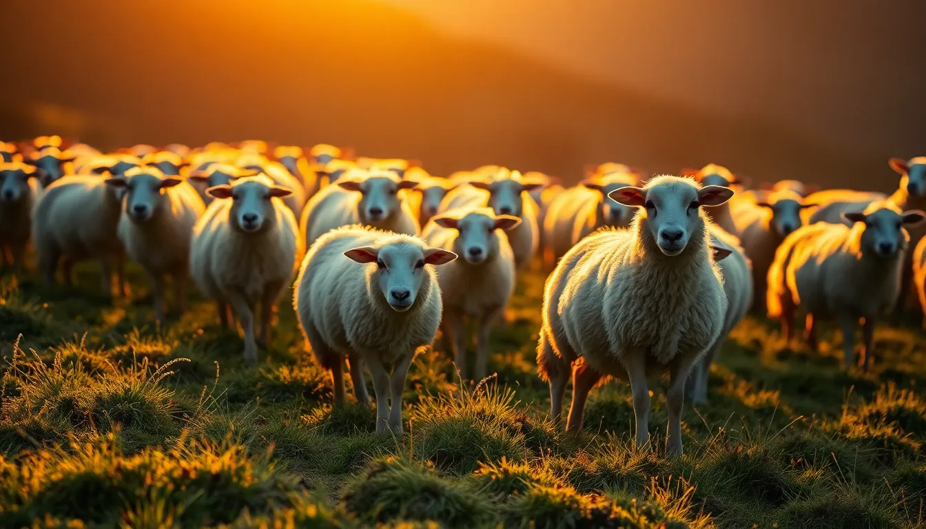 This captivating shot showcases a flock of fluffy sheep grazing peacefully on a lush hillside, set against an overcast sky. The soft light brings out the rich textures and muted colors of the scene, creating a tranquil atmosphere. With gentle leading lines guiding the eye, this image beautifully encapsulates rural life and the serenity of nature.