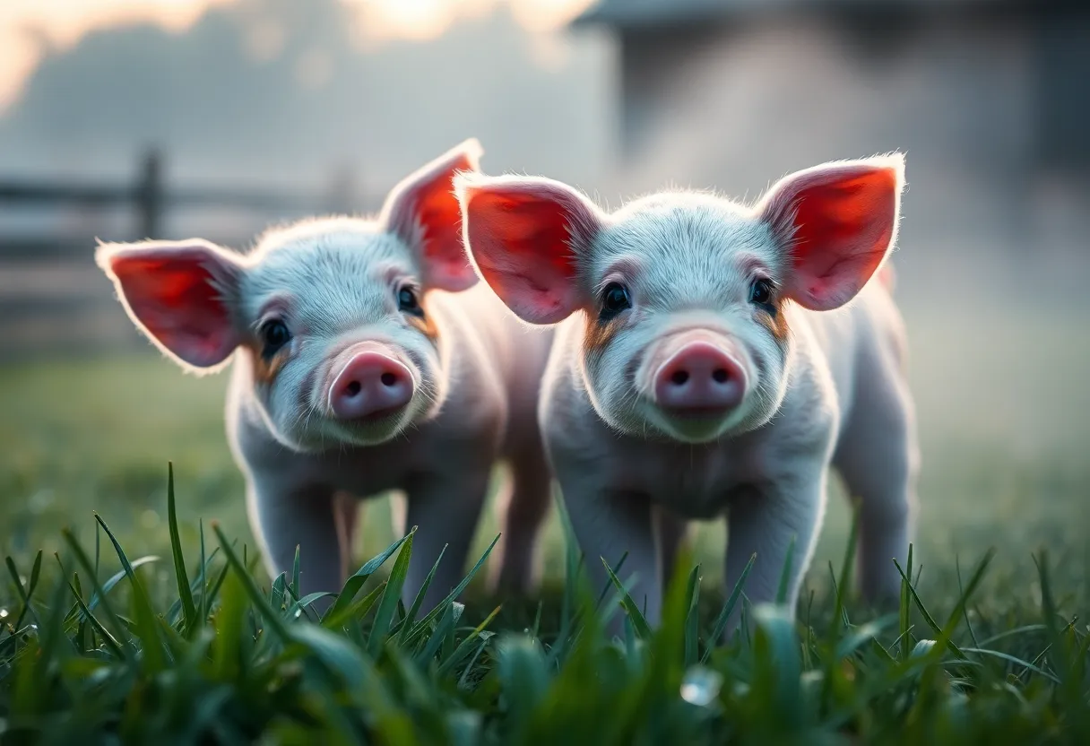 Ethereal Piglets in Morning Mist In a serene morning setting, playful piglets emerge from the soft mist, their bodies dusted with dew on the lush grass. The selective focus brings the adorable piglets into sharp relief while the surrounding farm blurs into a dreamy backdrop. The cinematic teal and orange grading adds a magical quality to the image, enhancing the feeling of tranquility and innocence in this pastoral scene.