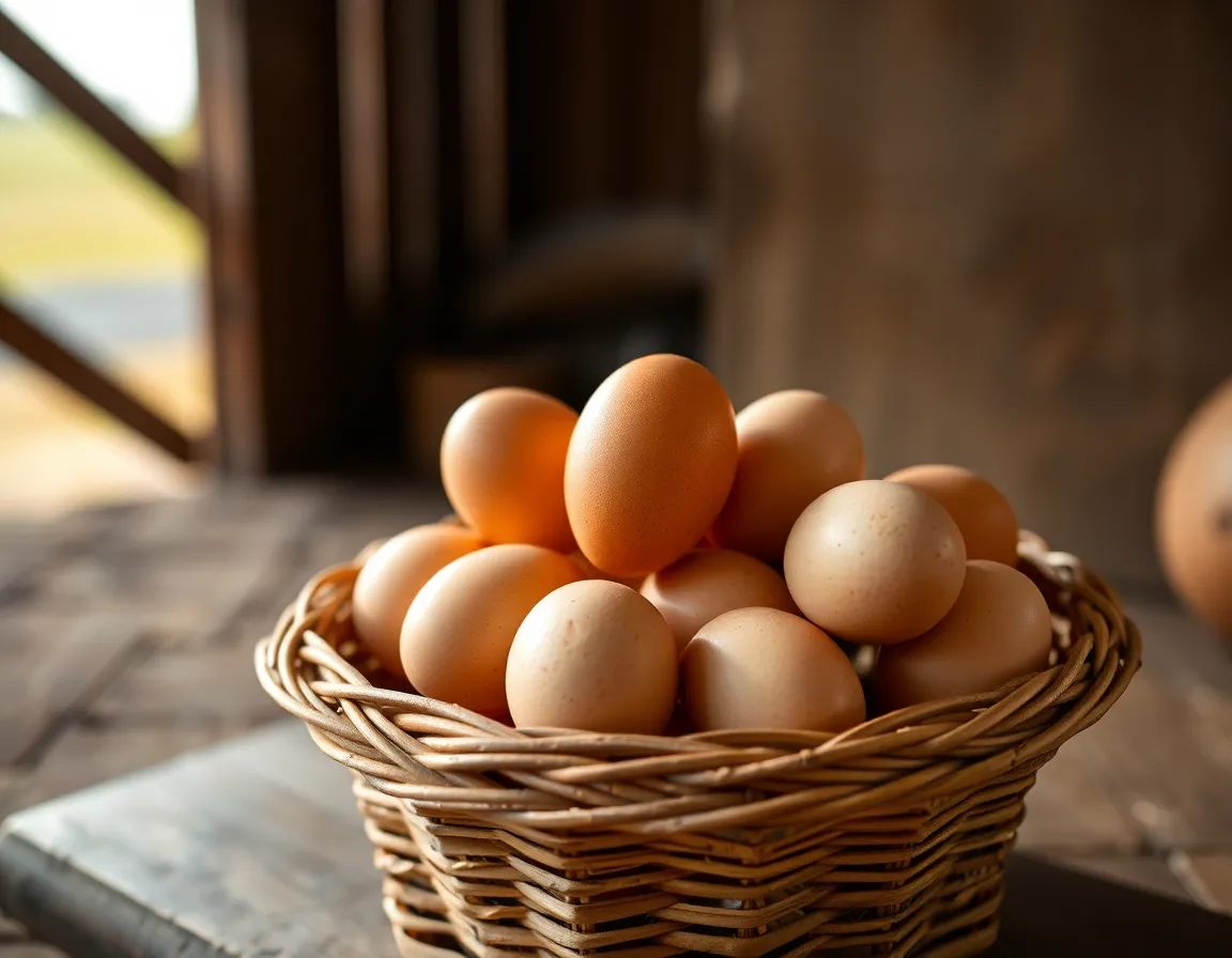 Fresh Eggs in a Rustic Basket A beautifully composed image of a basket filled with fresh eggs illuminated by warm light from a nearby barn. The softly glowing light enhances the natural textures of the eggs and the woven basket, creating a cozy rural atmosphere. The centered symmetrical composition highlights the freshness and perfection of the eggs, making this image ideal for farm-related themes and culinary use.