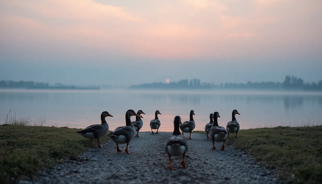 Ducks Waddling Towards a Tranquil Pond A charming flock of ducks waddle toward a serene pond at twilight, illuminated by a pastel pink and blue sky. The soft colors and gentle ripples in the water create a tranquil atmosphere. Sharp detail captures the ducks in the foreground amidst the calm setting, while leading lines guide the viewer’s gaze toward the pond. This peaceful scene beautifully reflects the serene essence of farm life.