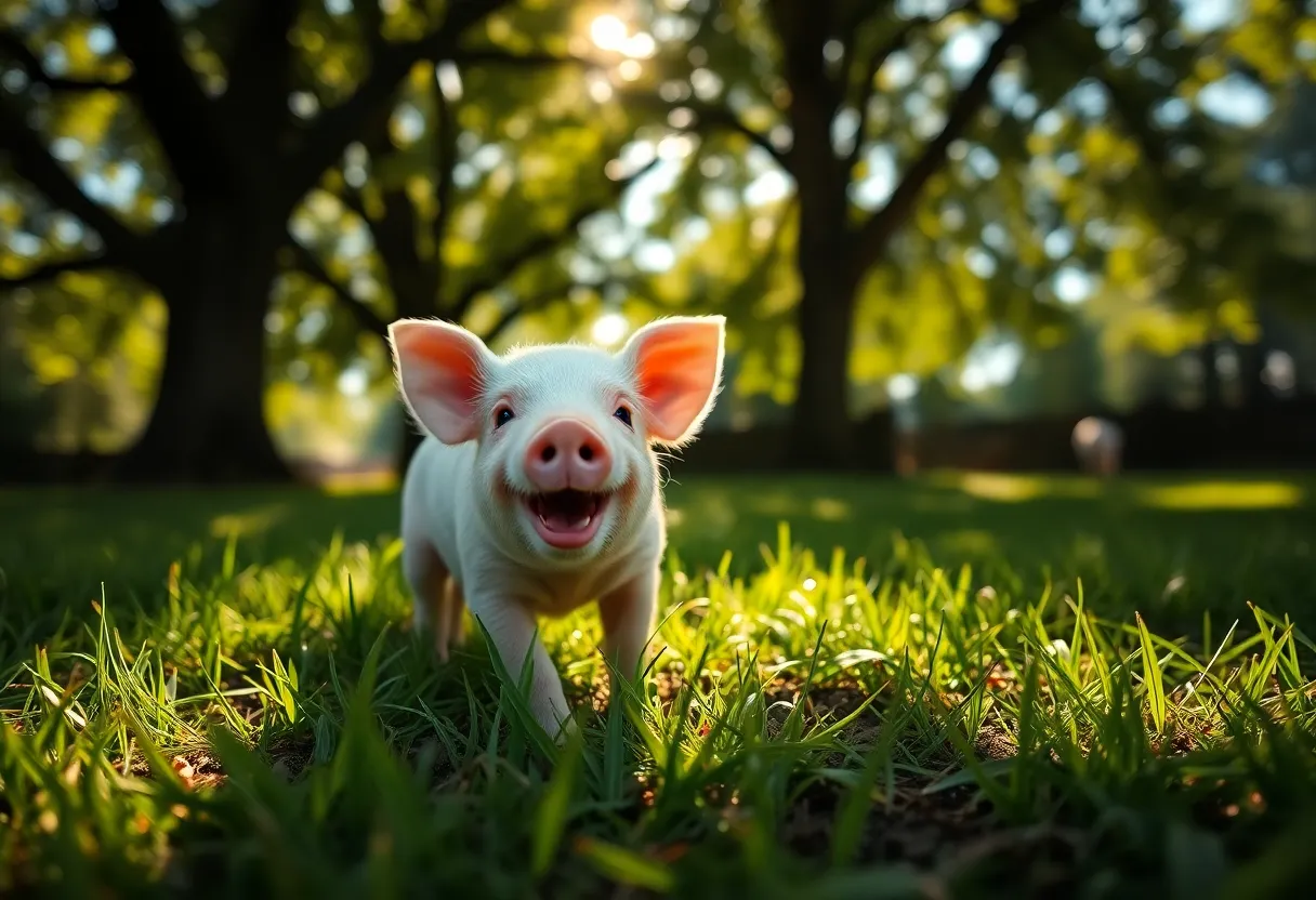 Playful Piglet in Sunlit Grass A charming portrait of a playful piglet basking in the dappled sunlight beneath a tree. The interplay of light and shadow creates an ethereal atmosphere, highlighting the piglet's joyful countenance. This dynamic composition draws the viewer’s eye through the textures of the grass and earth, bringing the scene to life. It’s a delightful capture of innocence and playfulness in a farm setting.