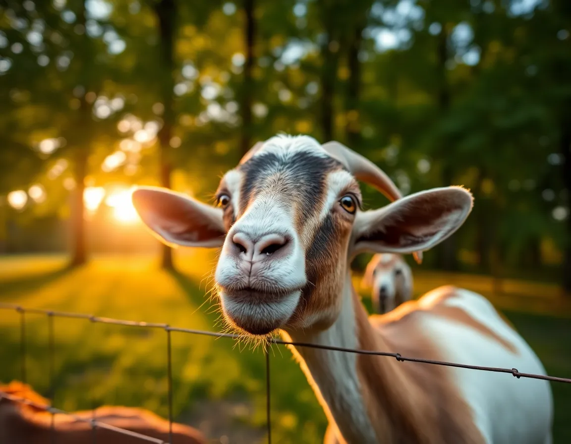 This captivating image features a curious goat framed against a stunning sunrise. The soft backlighting creates a magical atmosphere, emphasizing the goat's expressive features. The lush greens of the surroundings are richly saturated, inviting the viewer to experience the beauty of the early morning on a farm. The composition cleverly uses leading lines to draw attention to the goat's gaze.