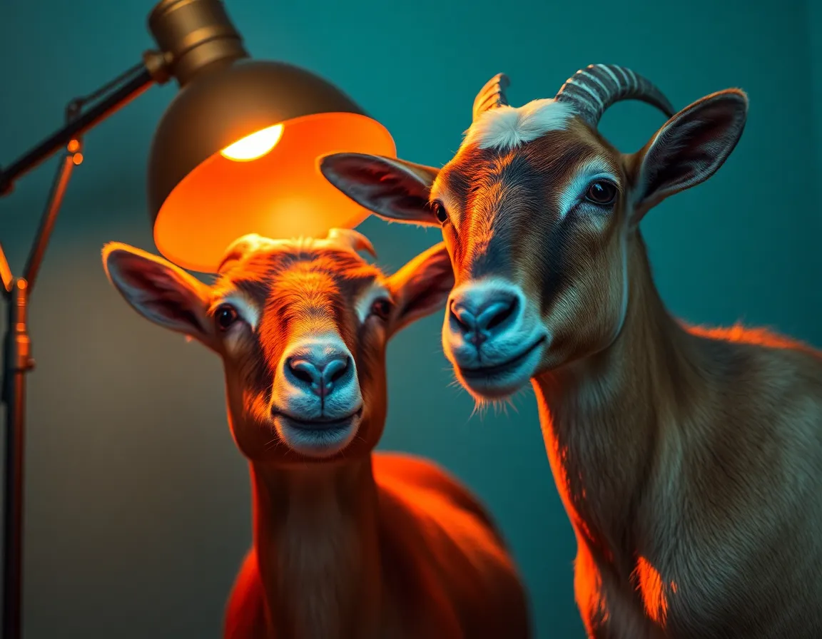 Goats Interacting in Cozy Lighting In a cozy barn setting, two goats are captured in an intimate moment, illuminated by warm tungsten light. A shallow depth of field beautifully isolates them, showcasing their textures and expressions. The cinematic color grading enhances the scene’s warmth, making it an inviting portrayal of farm life and animal companionship.
