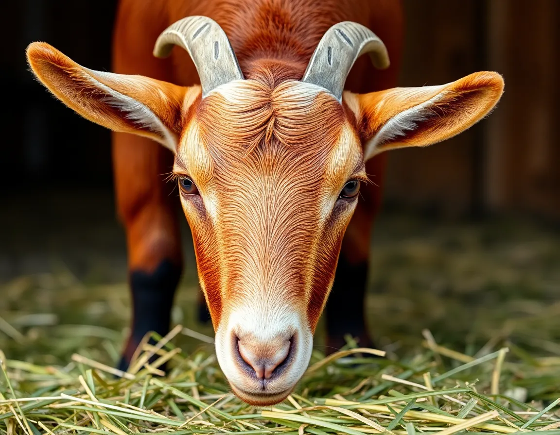A beautifully composed portrait of a grazing goat, showcasing its intricate fur details and natural skin texture under studio lighting. The vibrant saturated colors bring out the richness of the hay and the goat's features. Positioned against a softly blurred background, the image captures the quiet elegance of farm life, highlighting the goat's gentle demeanor.