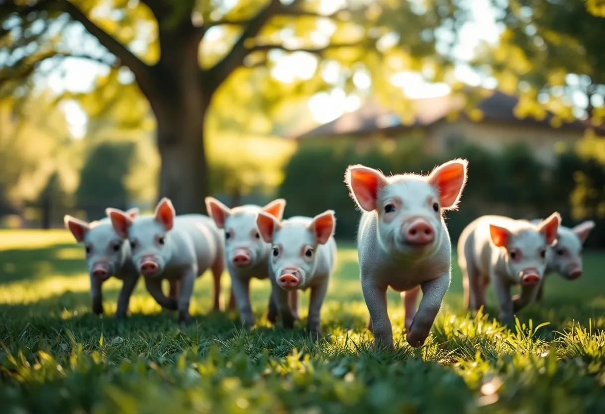 This joyful scene captures a group of playful piglets frolicking in sun-dappled grass. The warm light filtering through the trees creates a delightful pattern on the ground, enhancing the vibrant colors of the piglets and surrounding nature. The shallow depth of field artistically highlights the piglets while providing a dreamy backdrop. Overall, the image conveys a sense of liveliness and innocence typical of country life.