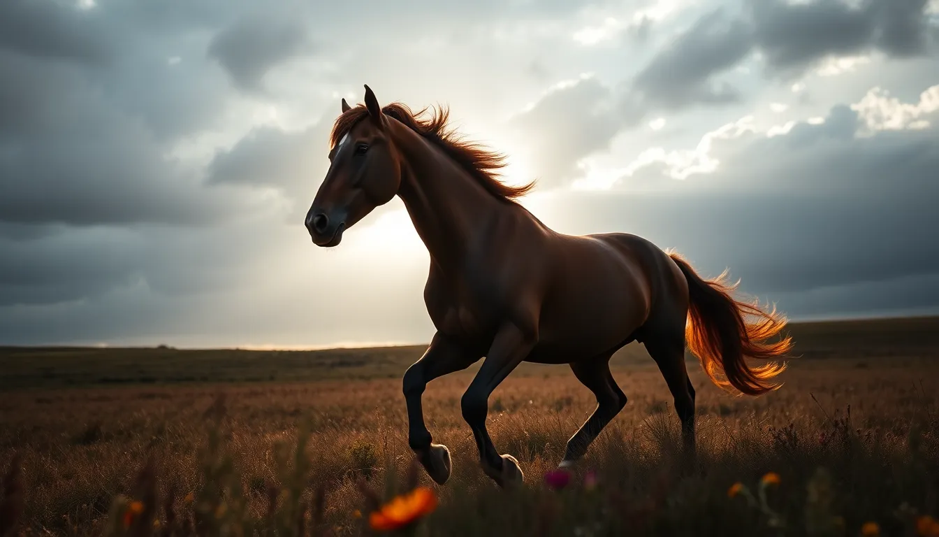 Majestic Horse Galloping in Dramatic Landscape A majestic horse gallops through a sunlit field, set against a backdrop of stormy clouds. The image dramatically captures the athleticism of the horse, with backlighting enhancing the textures of its mane and muscles. Wildflowers in the foreground add color contrast, while the impending storm creates an atmospheric tension. The dynamic movement invites viewers into the scene.