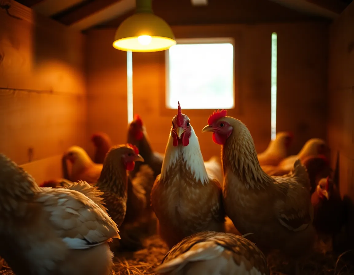 Hens Nesting in a Rustic Coop This image captures a serene moment inside a rustic wooden coop where hens are peacefully nesting. The warm, inviting lighting highlights the soft feathers and the texture of the weathered wood. The symmetrical composition lends balance to the scene, while the warm Kodak Portra color palette adds a nostalgic feel, evoking the charm of farm life.