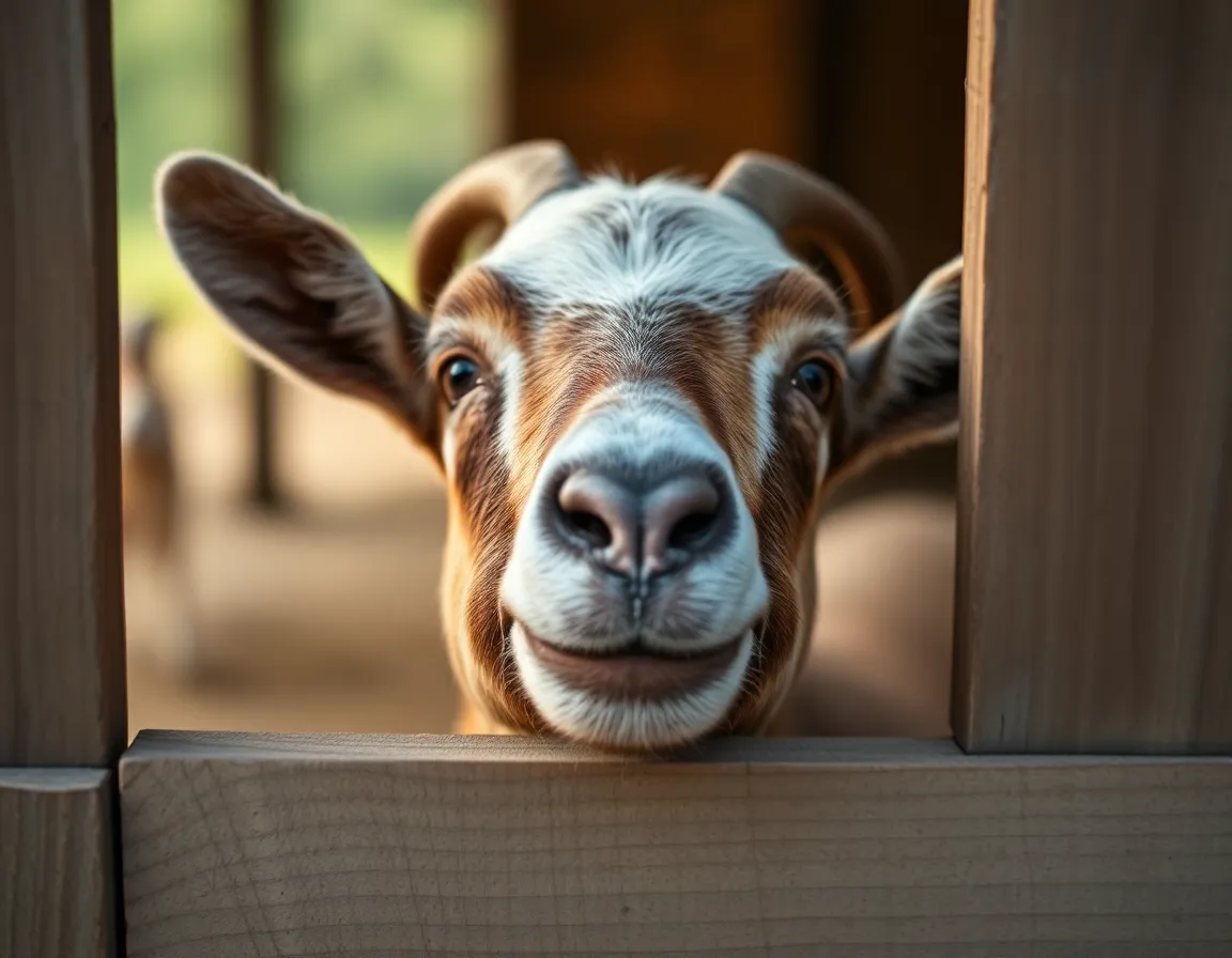 This close-up photograph features a curious goat peeking through a rustic wooden fence, inviting viewers to share its moment of discovery. Soft daylight highlights the textures of its fur and the curiosity in its eyes, while the blurred background maintains a focus on the subject. The warm colors and detailed texture evoke a sense of rural charm and connection to farm life.