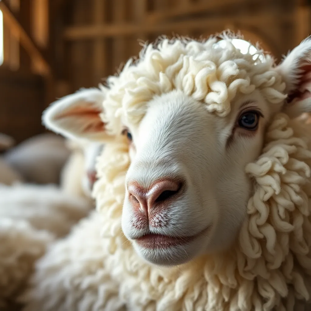 This intimate close-up captures the intricate details of a sheep's woolly fleece, inviting viewers to appreciate its rich texture and natural colors. The soft diffused daylight creates a serene ambiance, highlighting the fluffy wool's soft whites, creams, and subtle grays. The hyperfocal depth of field ensures crisp detail throughout, showcasing the fleece's inviting quality. This image is perfect for illustrating the beauty of farm animals and their natural textiles, exuding warmth and comfort.