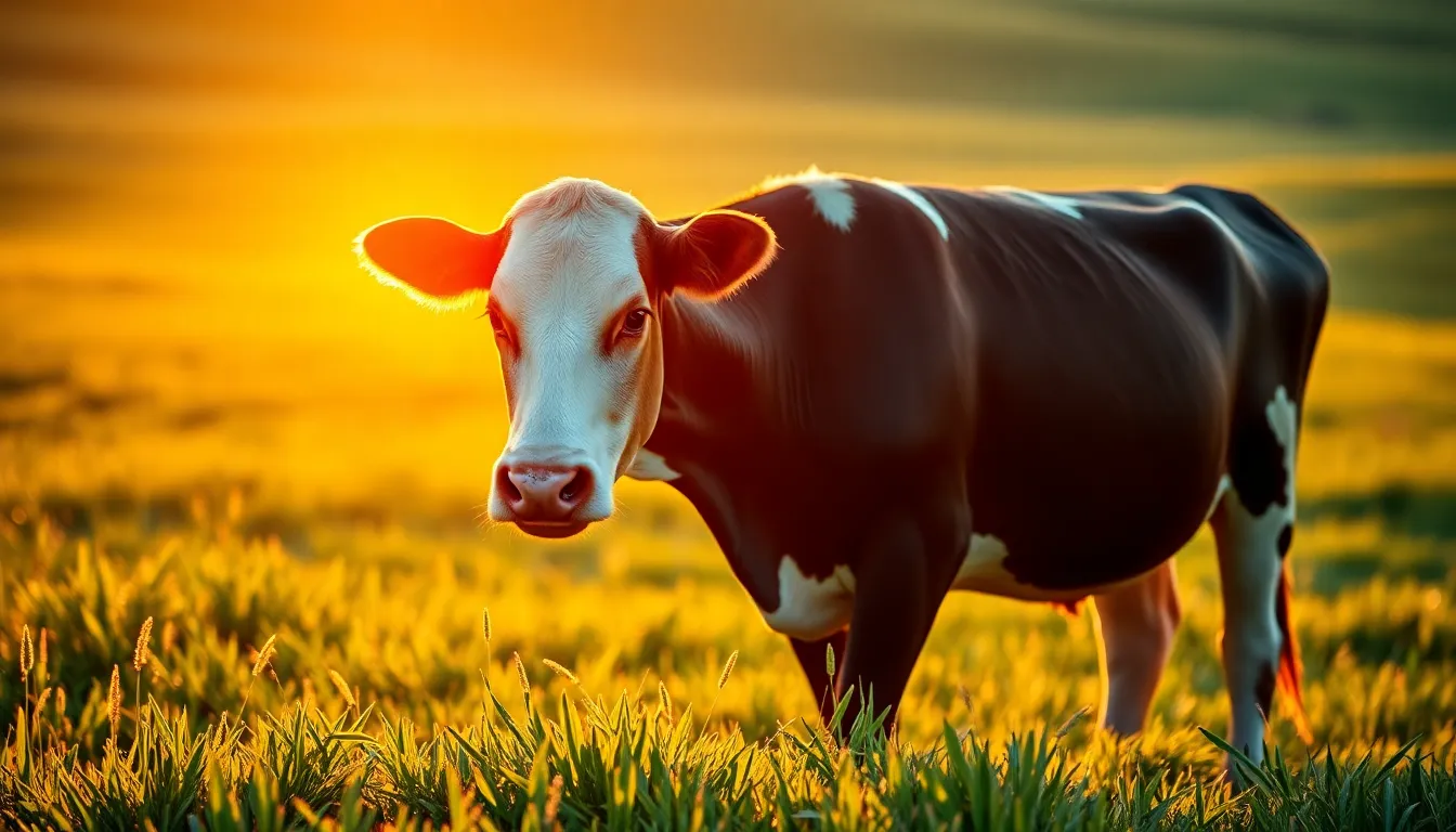Grazing Holstein Cow at Golden Hour
