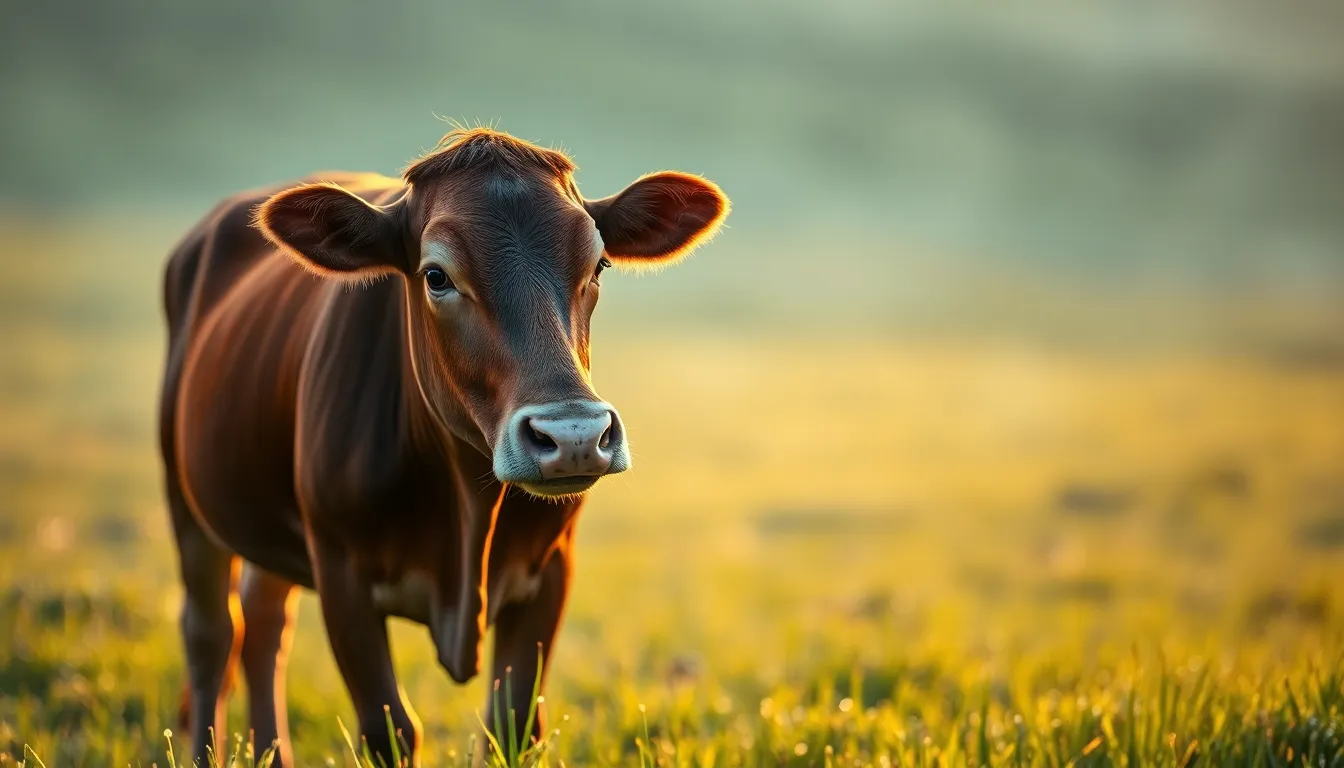 Serene Brown Cow in Morning Pasture A peaceful brown cow stands in a lush green pasture during early morning. The scene is enveloped in soft diffused daylight, creating a warm and tranquil atmosphere. Dew glistens on the grass, adding to the serene mood. The composition captures the cow positioned to the left, allowing the viewer to appreciate the surrounding beauty.