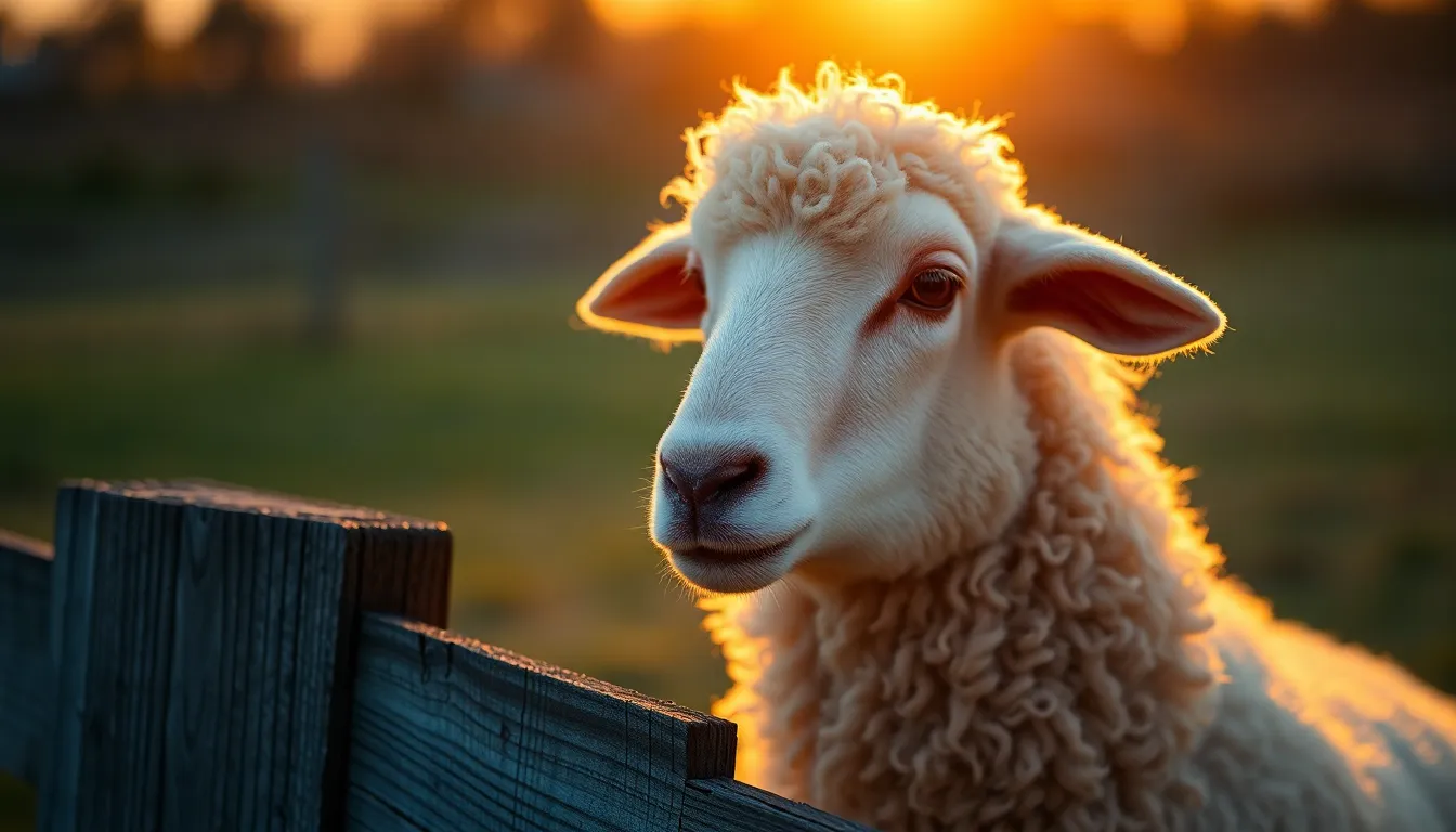 A serene scene featuring a fluffy sheep standing pensively beside a rustic wooden fence, bathed in the warm light of golden hour. The soft bokeh background enhances the sheep's natural texture, creating an inviting warmth. This image captures the tranquil mood of a farm at dusk, showcasing the gentle hues of sunset reflecting off the sheep's wool.