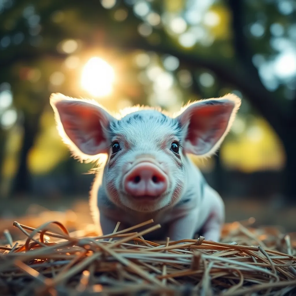A charming piglet, with its soft pink skin and curious eyes, is nestled comfortably in a bed of golden hay. Dappled sunlight filters through a nearby tree, creating enchanting bokeh highlights that enhance the playful atmosphere. The vibrant colors and textures in this photograph beautifully convey the innocence and warmth of farm life.
