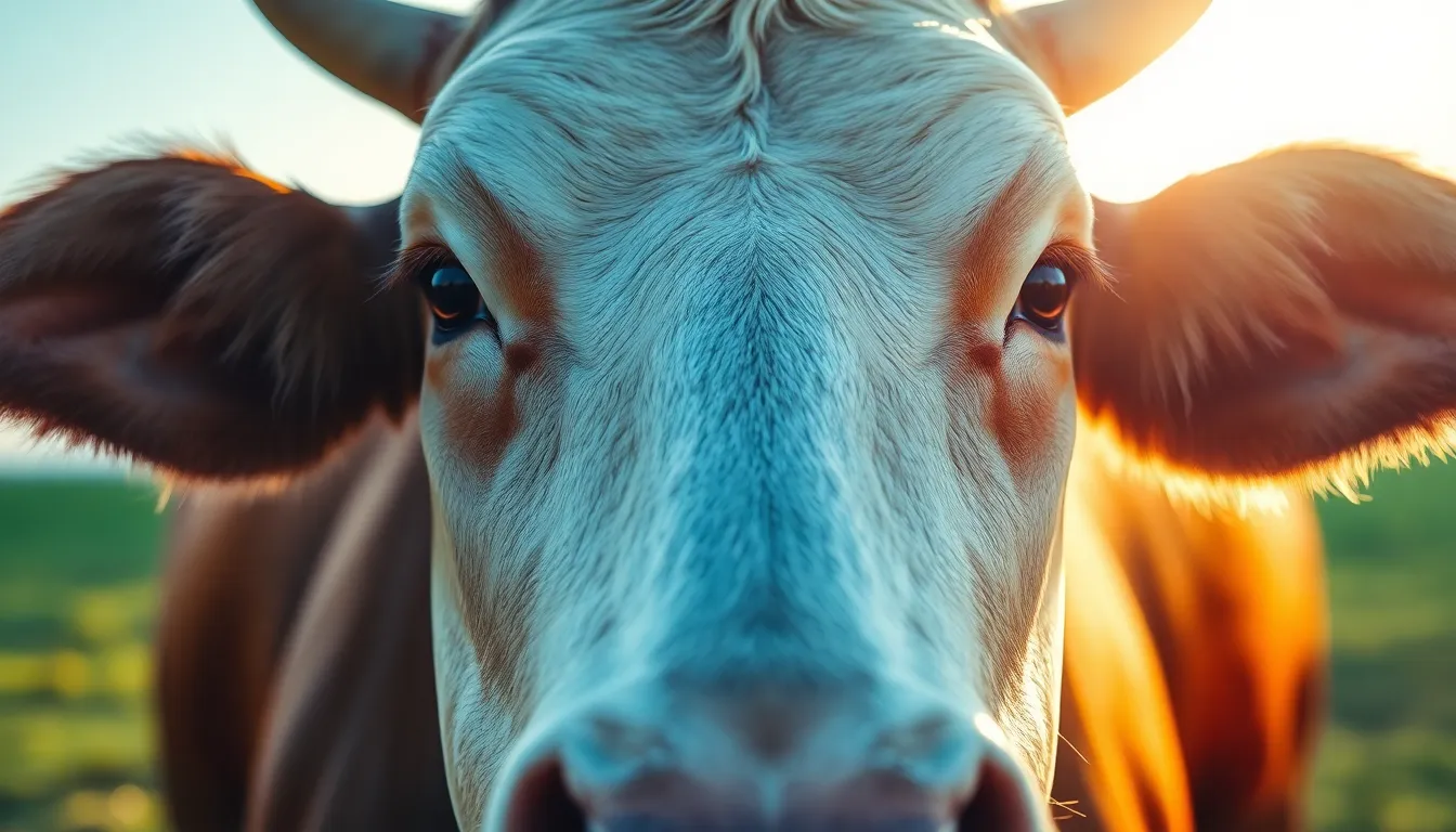 This captivating close-up portrait features a dairy cow displaying a gentle expression, with its glossy coat glistening in warm daylight. The image captures intricate details of the cow’s fur and the soulful depth of its eyes, establishing a strong emotional connection with the viewer. Enhanced by cinematic color grading, the warm tones accentuate the cow’s features, while a blurred background keeps the focus on the subject. This portrait beautifully represents the charm and spirit of farm life.
