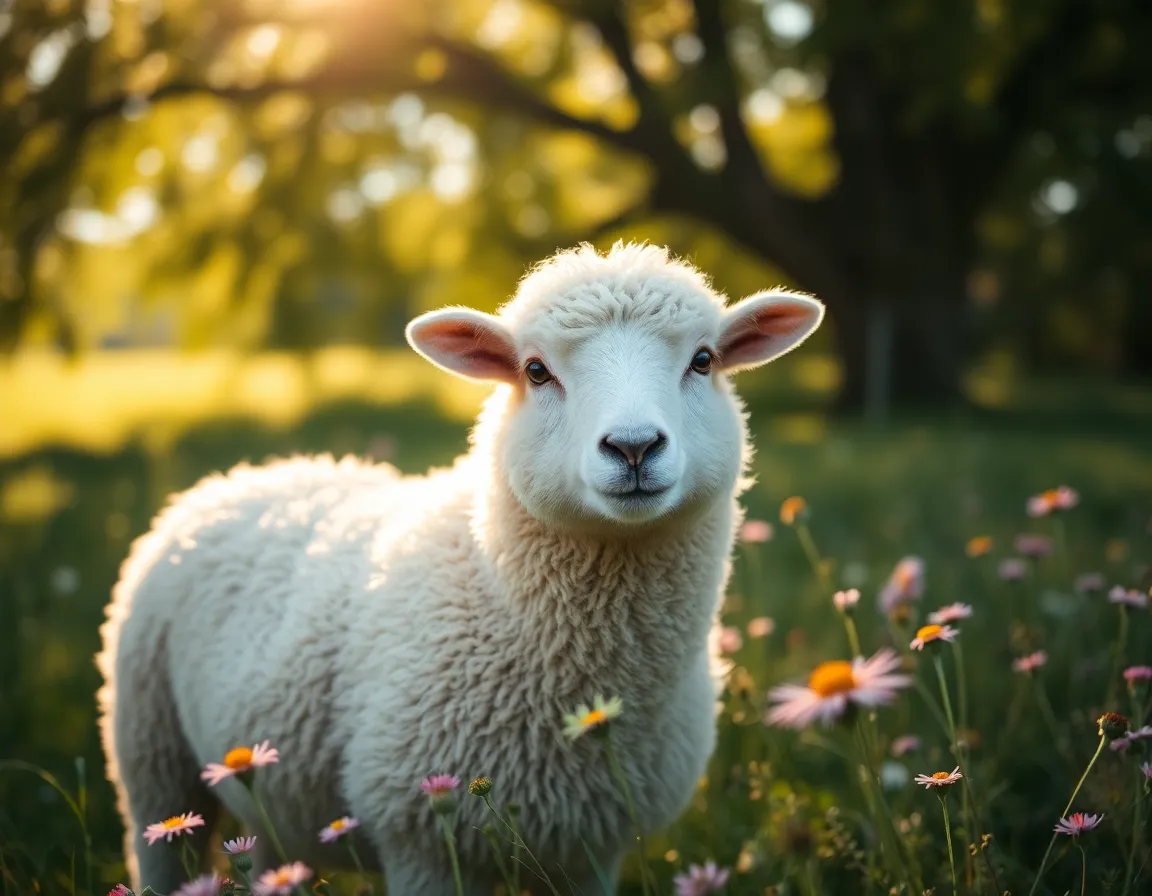 A close-up capture of a fluffy sheep peacefully grazing among wildflowers, illuminated by dappled sunlight filtering through tree branches. The enchanting light creates a soft atmosphere, enhancing the texture of the sheep's wool. The rich greens of the pasture and vibrant wildflower colors create a striking contrast, making this a picturesque farm scene.