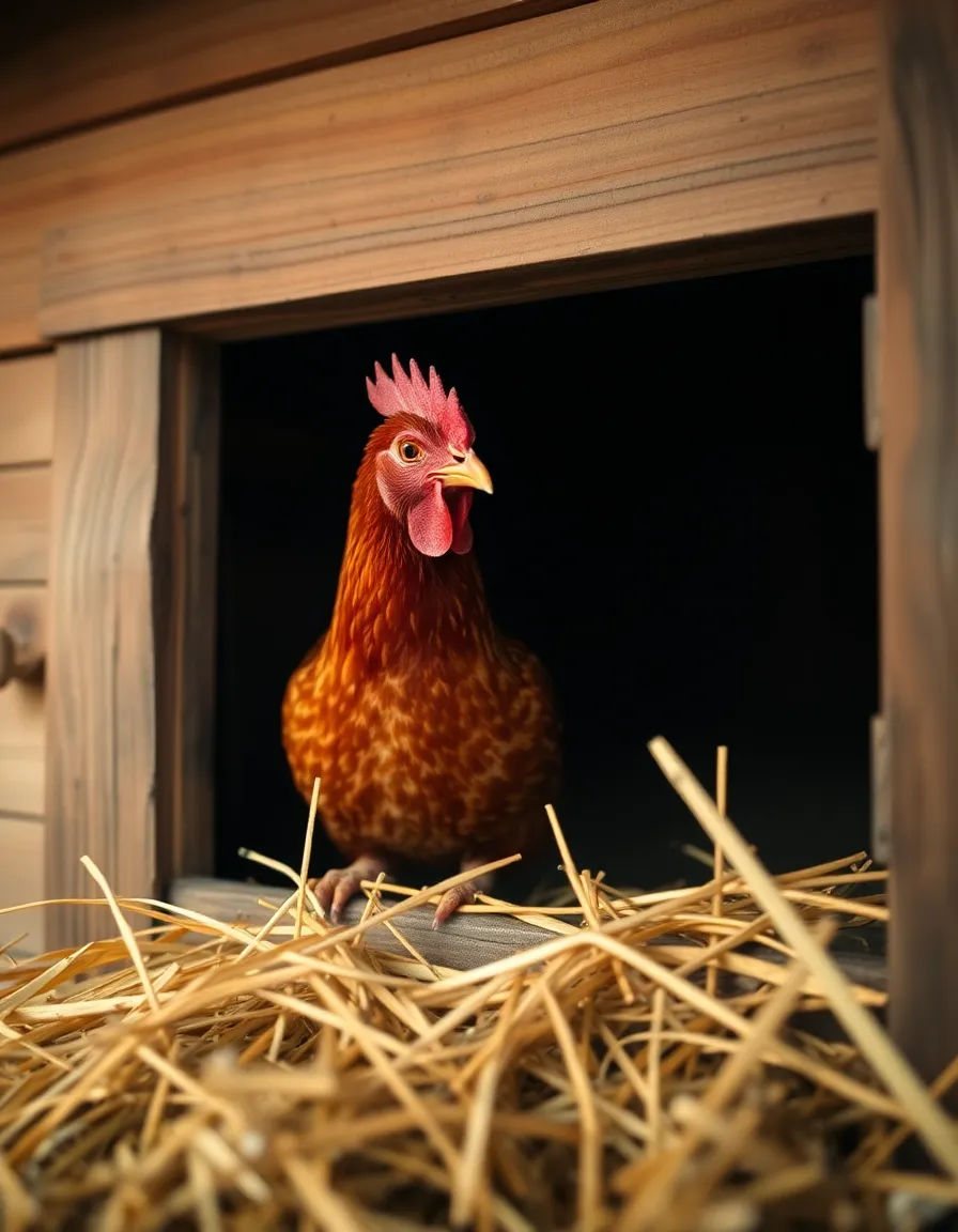 A serene morning scene featuring a vibrant red hen perched atop a cozy hen house, captured with soft, early morning light. The textural details of the straw and the hen's feathers create a warm and inviting atmosphere. The subtle depth of field draws attention to the hen, set against a blurred, tranquil background that embodies farm life.