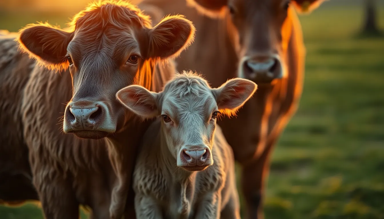 Golden Hour Farm Scene With Cow and Calf