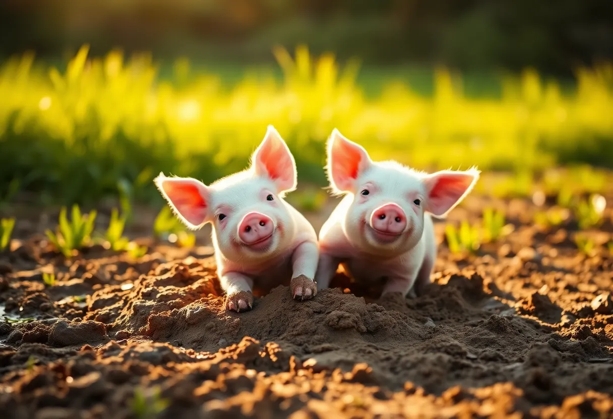 Playful Piglets Rolling in Mud A pair of playful piglets roll joyfully in the mud beneath the warm afternoon sun. The golden light creates a lovely glow on their pink skin as they interact, covered in rich brown mud. The vibrant colors and soft background blur emphasize their playful energy. This lively scene encapsulates the joy of farm life.