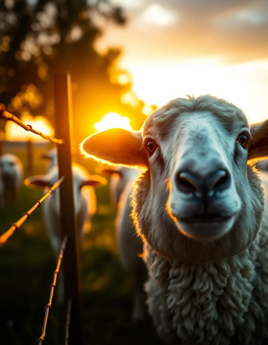 Close-Up of Sheep Bathed in Golden Light In the golden hour glow, a close-up image captures a curious sheep with soft wool illuminated by warm backlighting. The focus on its expressive eyes creates a connection with the viewer, while the lush green grass adds vibrancy. The textured wool and the rustic fence in the background contribute to the pastoral charm of this farm animal portrait.