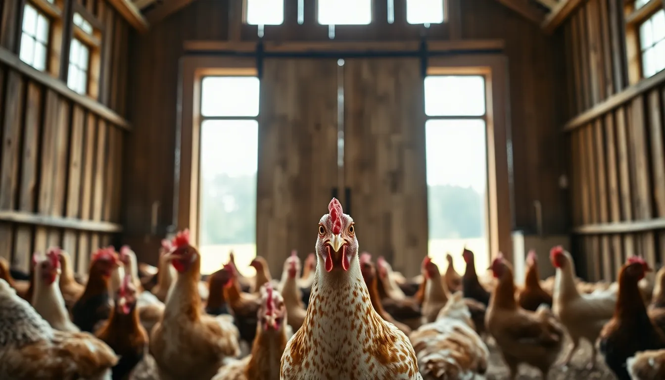 A lively group of chickens foraging in front of a weathered barn exudes rustic charm. Captured on a cloudy day, the diffused light evenly illuminates their feathers and the surrounding textures. The natural muted tones create a harmonious backdrop that emphasizes the simple beauty of farm life. This composition draws the eye symmetrically to the barn's intricate details.