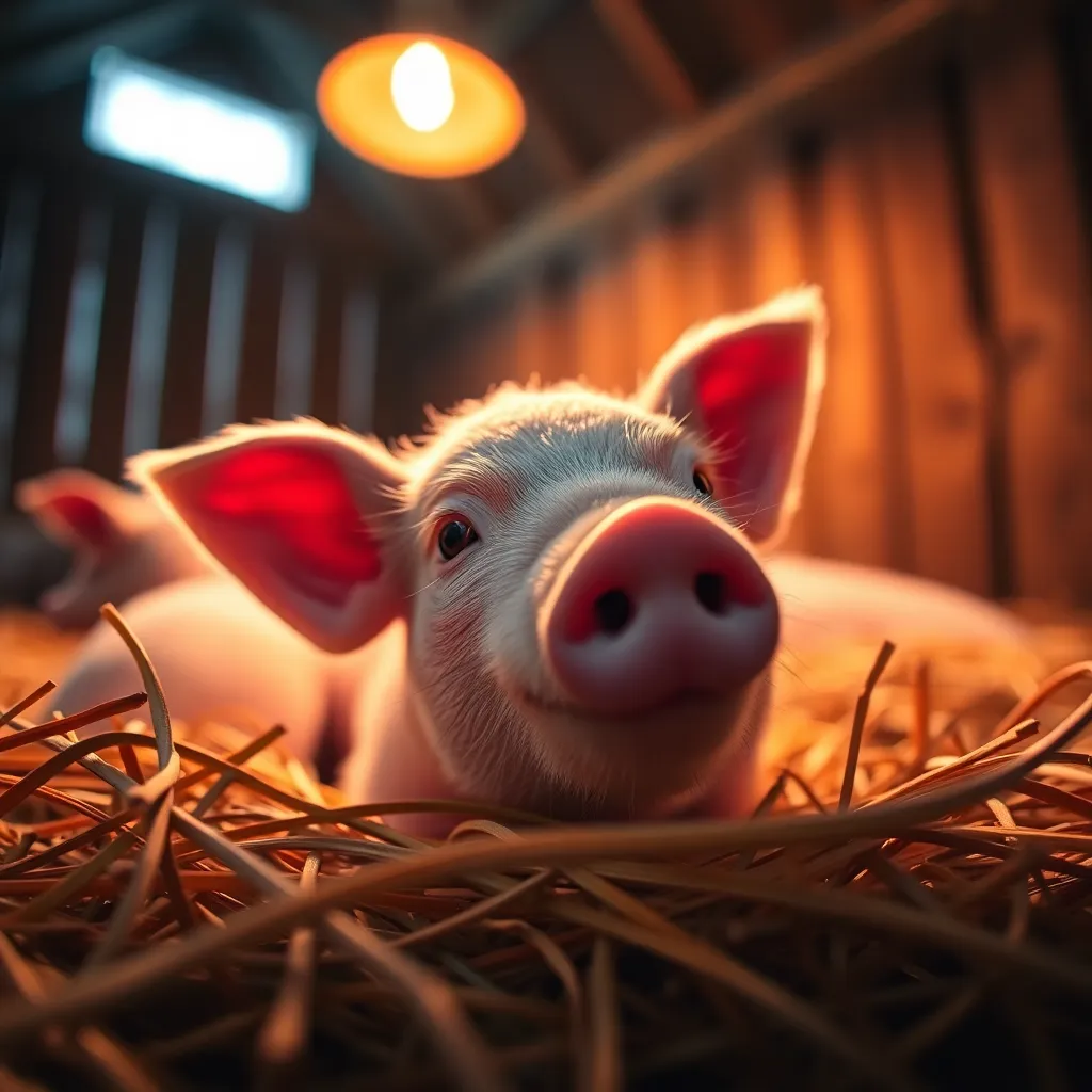In this charming close-up photograph, a piglet relaxes in a bed of soft straw within a rustic barn setting. Warm light from a lamp bathes the piglet in a gentle glow, accentuating its delicate pink skin and expressive features. The background fades into a soft blur, drawing attention to the piglet’s endearing details. This inviting image captures the essence of farm life and the warmth of animals.