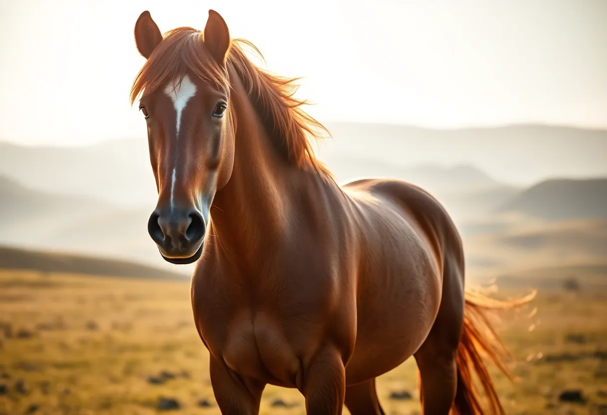 In this stunning photograph, a chestnut horse stands confidently in a sunlit field, showcasing its beauty and strength. The warm light catches its mane, creating a dramatic halo effect, while soft hills fade into the background. The image highlights the rich textures of the horse's coat and the lush grass, conveying a sense of freedom and tranquility in a rural setting.