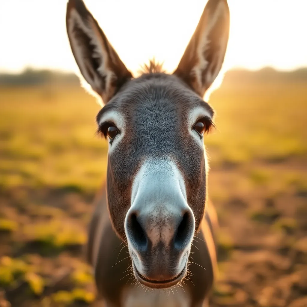 This intimate close-up captures the character of a curious donkey standing in a sunlit farm field. The warm sunlight accentuates the textures of its fur and the expressive details of its eyes, creating a captivating portrait. With a shallow depth of field drawing attention to the donkey, the soft background enhances the overall warmth and connection of rural life. The natural color palette conjures feelings of serenity and charm.