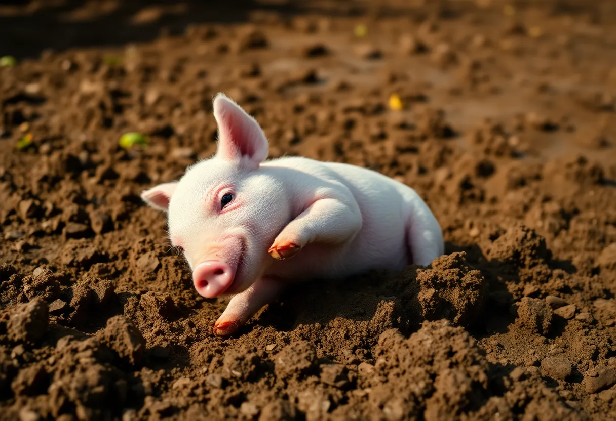This lively image features a playful piglet joyfully rolling in the mud on a sunny afternoon. The bright sunlight enhances the vibrant colors, allowing the piglet's soft pink skin to pop against the dark brown mud. Shot with a shallow depth of field, the focus captures the piglet's energetic expression while the surrounding mud blurs into a creamy bokeh. The dynamic Dutch angle composition adds an element of fun, perfectly illustrating the playful nature of farm life.