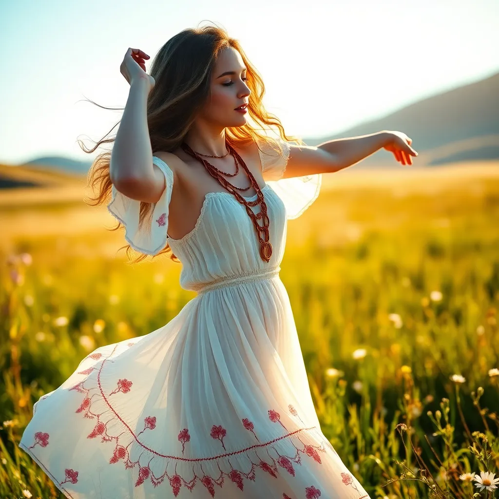 Bohemian Fashion in Sunlit Meadow