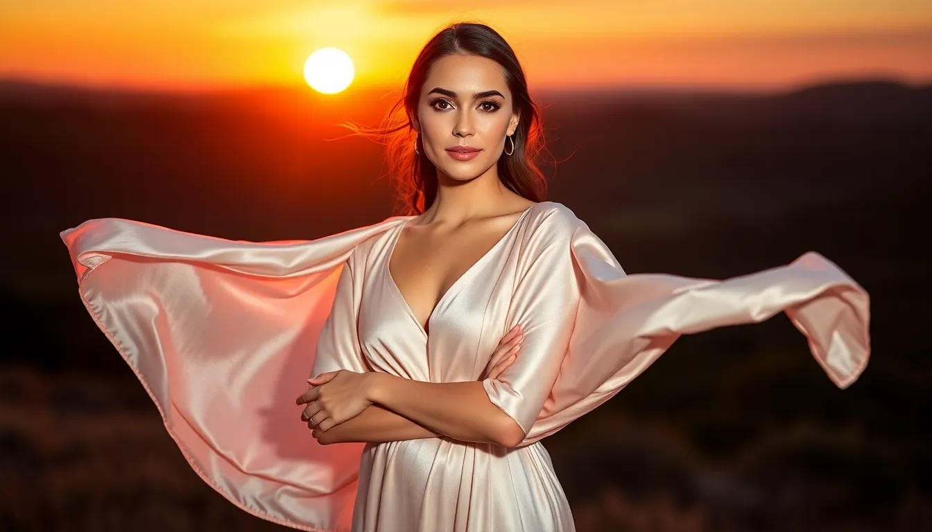 Elegant Model in Silk Dress at Sunset