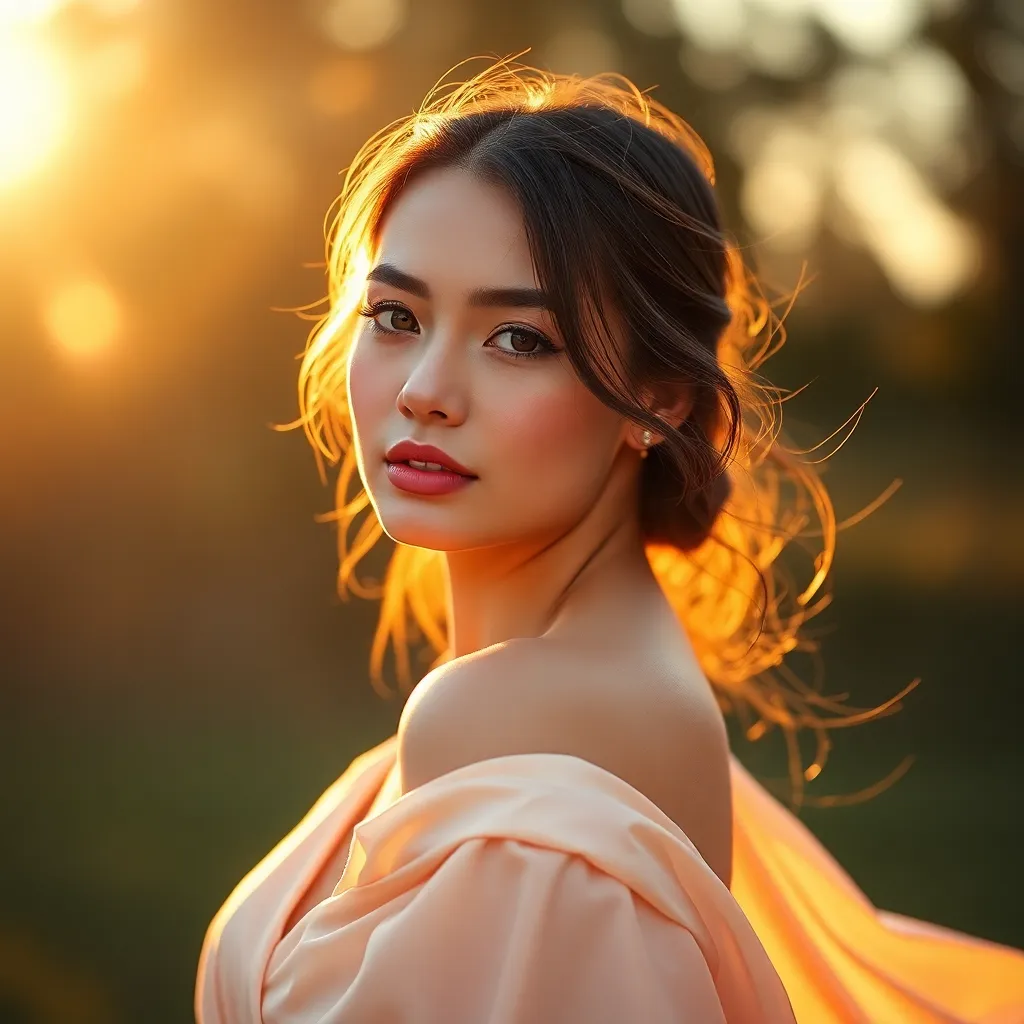 Elegant Model in Silk Dress at Golden Hour A stunning female model poses gracefully in a flowing silk dress during the enchanting golden hour. Bathed in warm light, her features radiate beauty against the soft bokeh background. The subtle interplay of textures in her garment complements the natural warmth of her skin tones, providing a serene and elegant ambiance. The well-balanced composition draws the viewer’s eye toward the model while achieving a harmonious blend with the surrounding softness.