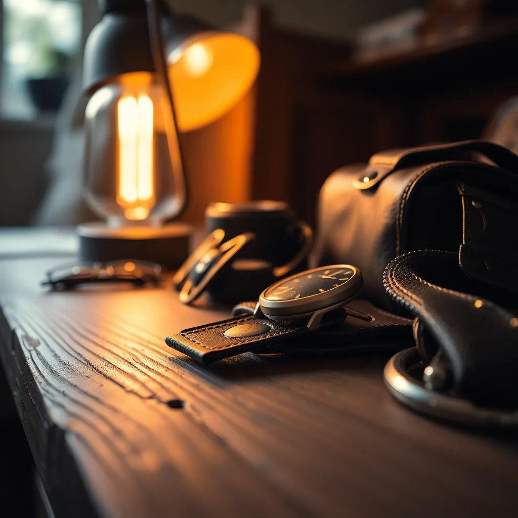 Close-Up of Fashion Accessories on Oak Table A beautifully composed close-up shot highlights a collection of fashion accessories, elegantly arranged on a textured weathered oak table. The warm light from a nearby lamp enhances the luxurious materials, emphasizing the details in leather and metal. Isolated against a soft blur, the carefully curated arrangement creates a captivating focal point for fashion enthusiasts. Rich browns and golds convey a sense of style and sophistication in this detailed composition.