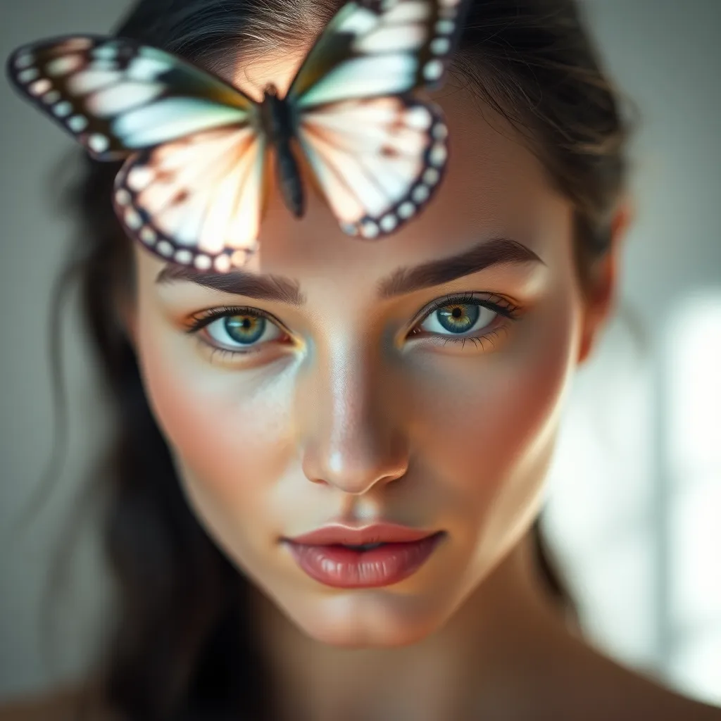 Soft Beauty Portrait with Pastel Colors A captivating beauty portrait focuses on the model’s striking eyes and smooth skin, beautifully lit with soft butterfly lighting. The gentle pastel color palette evokes a tranquil mood, complementing the model's demeanor. The centered composition draws attention to her features, creating a harmonious and ethereal look. The carefully crafted textures showcase the product's natural application, resulting in a polished yet authentic aesthetic.