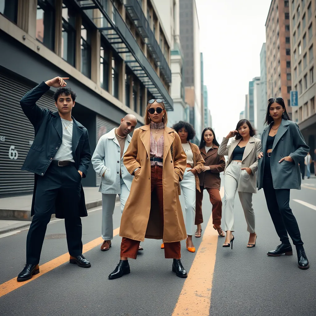 Urban Street Fashion Collective in Overcast Light A vibrant group of models showcases street fashion in an urban setting, surrounded by a blend of gritty textures and muted colors. The overcast sky diffuses light perfectly, allowing each detail to shine without harsh shadows. Captured with a telephoto lens, the dynamic energy of the scene highlights each model's unique style and creativity. Leading lines from the street guide the viewer's gaze, creating an engaging narrative within the frame.