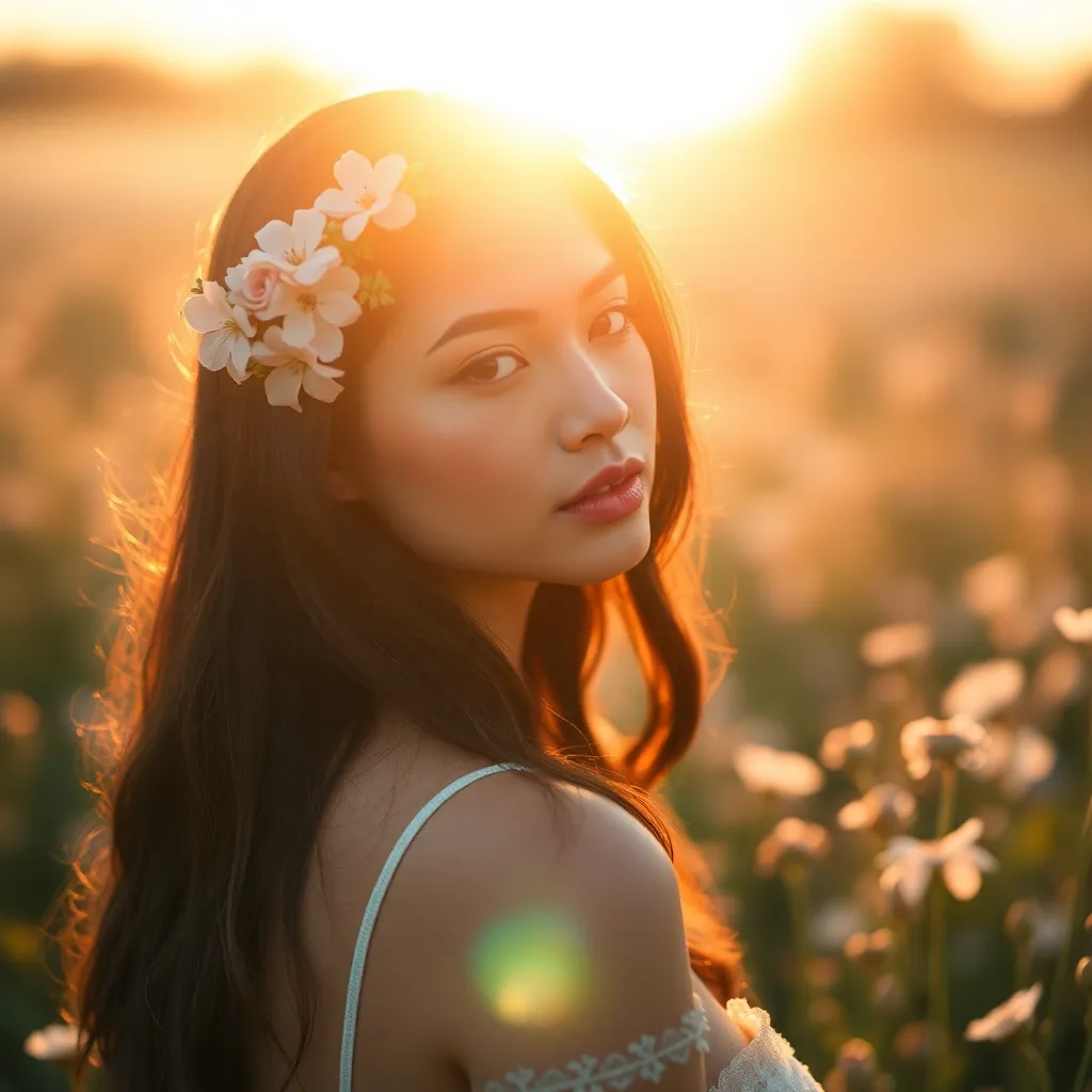 An ethereal fashion portrait of a model adorned with delicate floral accessories, captured in a sunlit meadow at golden hour. The warm rim light beautifully outlines her silhouette, while the dreamy bokeh of blooming flowers enhances the romantic atmosphere. The soft pastel color palette adds a magical quality, inviting viewers into a serene natural setting. This composition embodies the harmony between fashion and nature, creating an enchanting visual narrative.