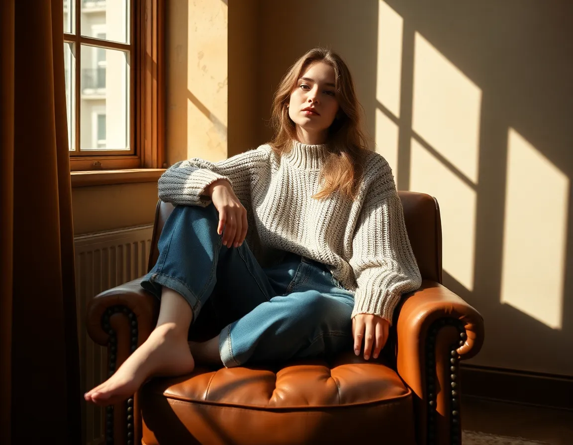 Cozy Model in Knit Sweater Relaxing Indoors