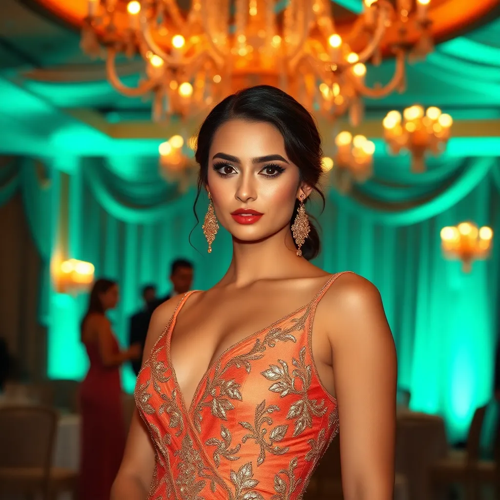 This sophisticated portrait showcases a model in an elegant evening gown, captured at a luxurious gala. The dramatic spotlighting accentuates the gown's texture and creates soft shadows, contributing to an upscale atmosphere. With a shallow depth of field, the model's confident expression becomes the focal point amid the opulent decor. The cinematic teal and orange grading elevates the scene, evoking a sense of glamour and sophistication.