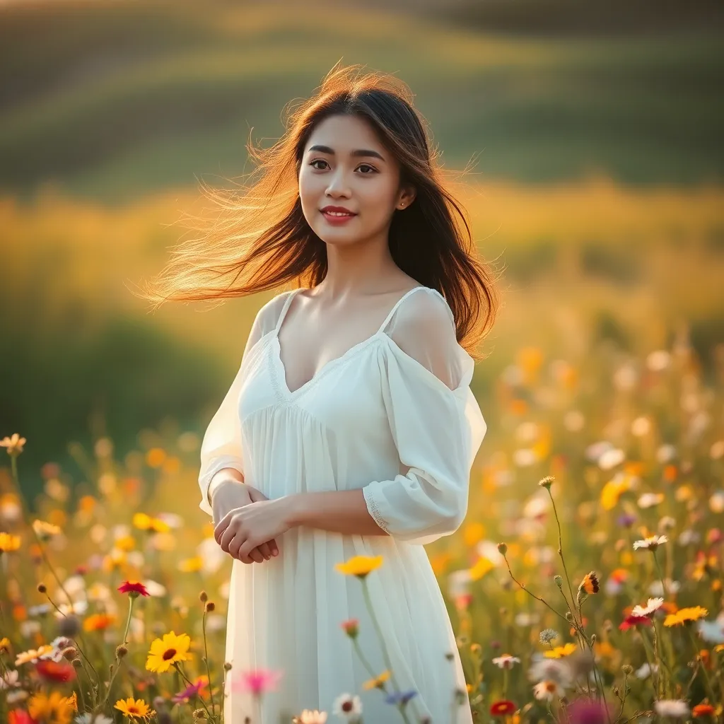 Tranquil Woman in Wildflower Field