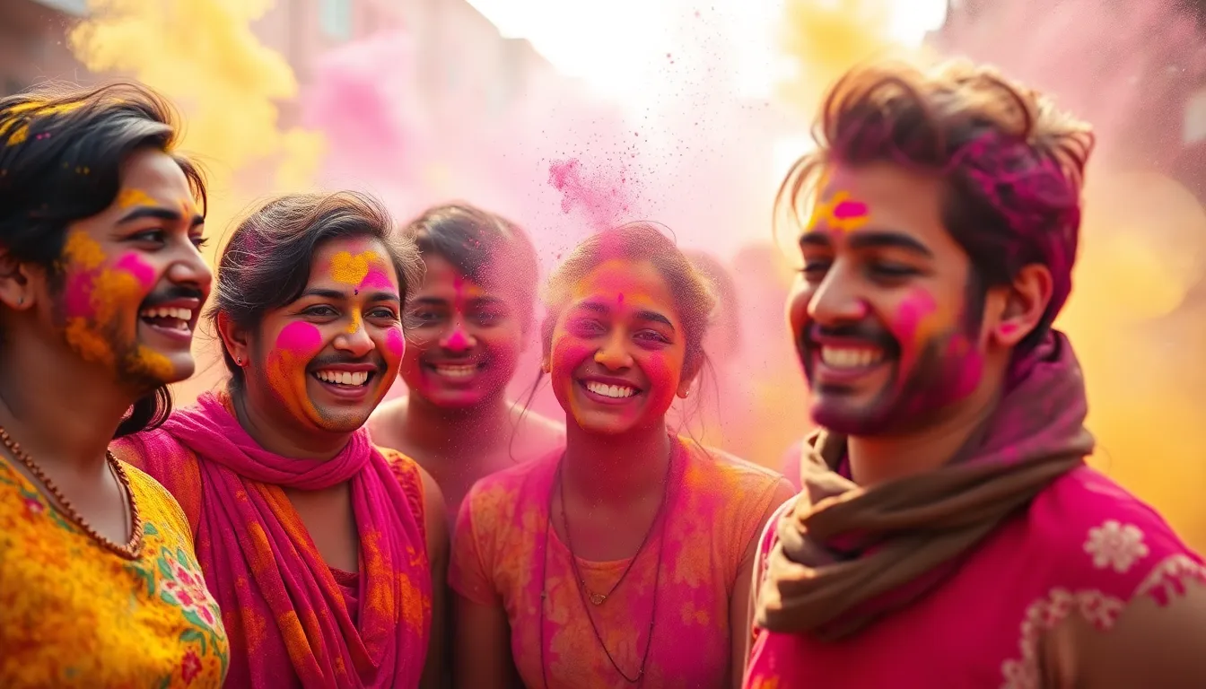 A lively Holi festival scene filled with people covered in bright colored powders, each exuding joy and happiness. The morning sunlight adds warmth, illuminating smiles amidst the chaos of vibrant colors in the air. The shallow depth of field softly blurs the background, focusing attention on the jubilant expressions and cotton clothing textures. This image captures the essence of celebration, unity, and the beauty of cultural festivities.
