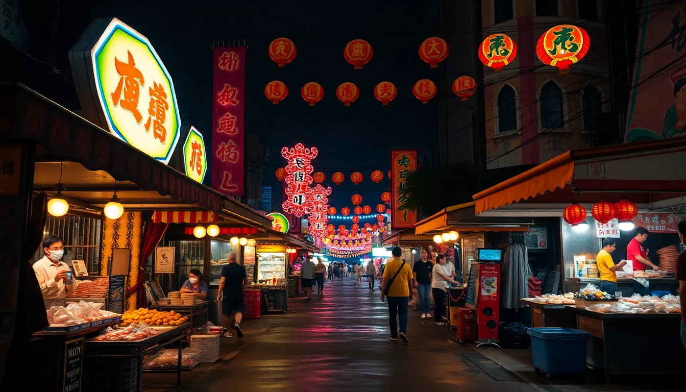 Immerse yourself in the energizing ambiance of a night market during a vibrant cultural festival. Neon signs illuminate the scene, casting brilliant colors on food stalls and cheering visitors. The overcast sky creates an inviting atmosphere, while the hyperfocal focus captures every detail from foreground to background. A rich color palette brings life to the evening, making this image an enticing glimpse into festival culture.