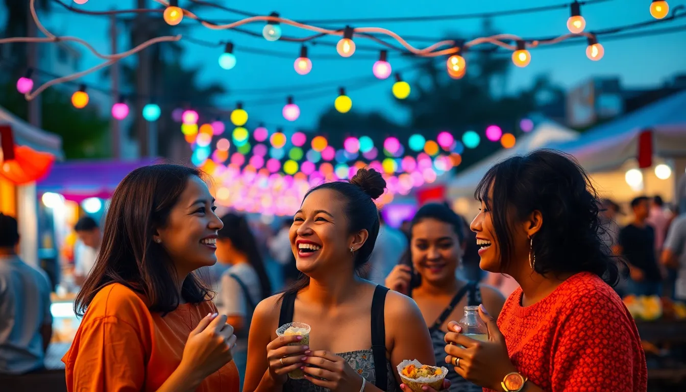 This lively street festival captures the essence of community celebration at twilight. A diverse group of festival-goers enjoys delicious food under colorful string lights, radiating warmth and joy. The soft bokeh in the background enhances the focus on happy faces, with a saturated color palette that evokes a festive mood. Perfectly composed with a rule of thirds layout, this image is ideal for showcasing cultural celebrations in vibrant settings.